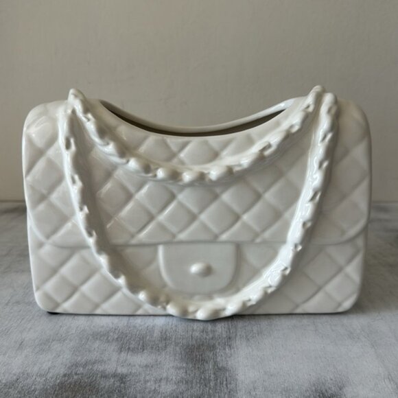 Unique Flower  Vase Ceramic Quilt Purse Handbag White Decor - Picture 1 of 9